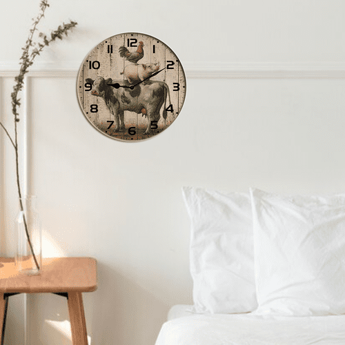 Kurmntregon Farm Animal Cow Pig And Chicken Wall Clock Wooden Silent Non Ticking Decorative Clock For Living Room, Kitchen, Home,Bathroom, Bedroom, Office Or School Round 10"
