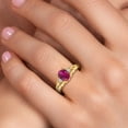thumbnail image 4 of Gem Stone King 18K Yellow Gold Plated Silver Red Created Ruby and White Lab Grown Diamond 3 Stone Engagement Ring for Women | 1.43 Cttw | Oval 8X6MM | Round 2MM | Gemstone July Birthstone | Size 9, 4 of 6