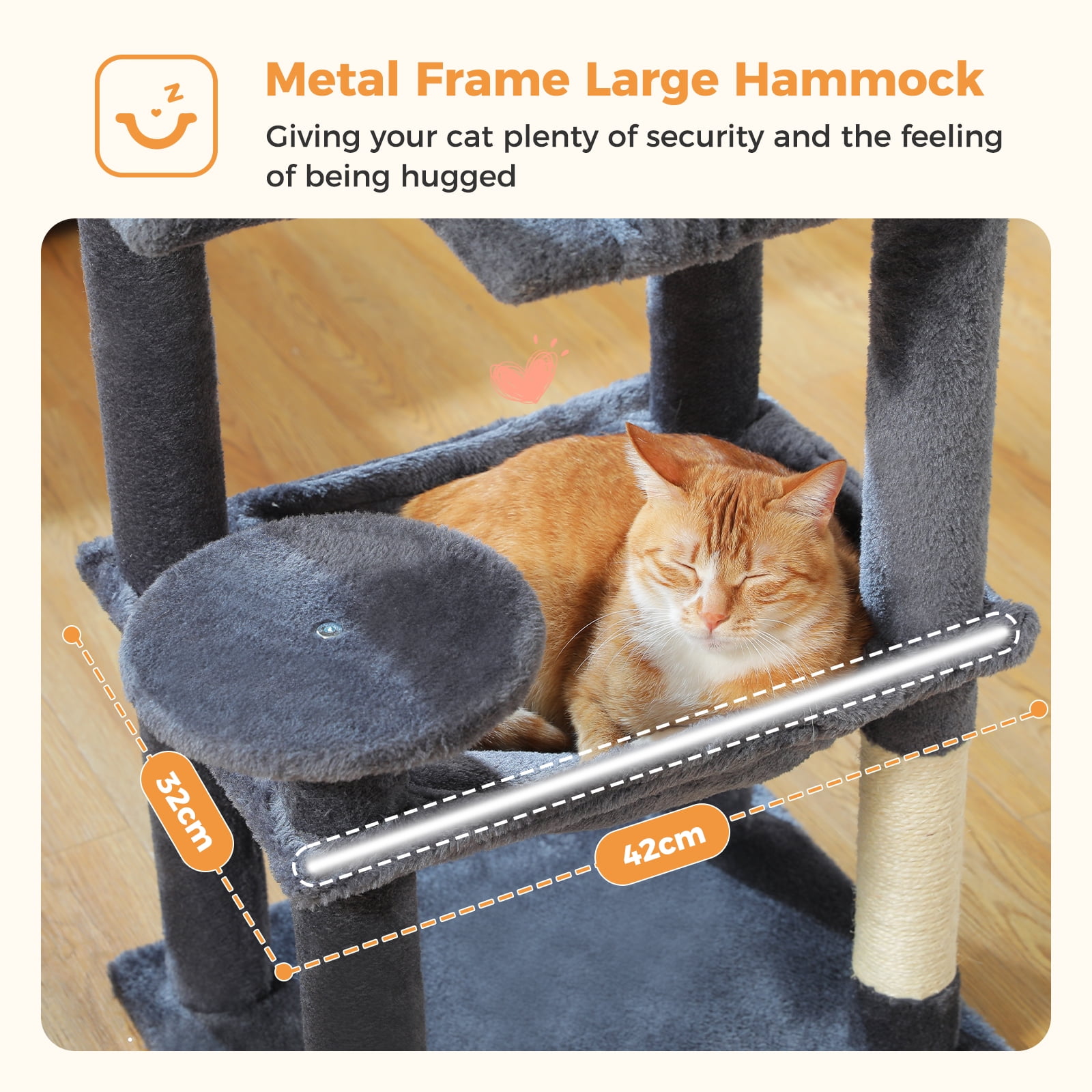 Pefilos 44" Cat Tree Tower for Indoor Cats, 5-Level Cat Condo with Large Hammock, Big Top Perch and 4 Sisal Covered Scratching Pos, Dark Gray