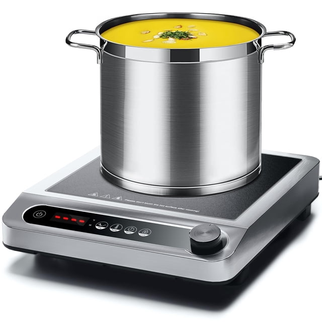 AMZCHEF Commercial Induction Cooktop, 1800W Countertop Burner with 18 Power&Temperature Setting, Double IGBT, Timer, Safety Function, Stainless steel