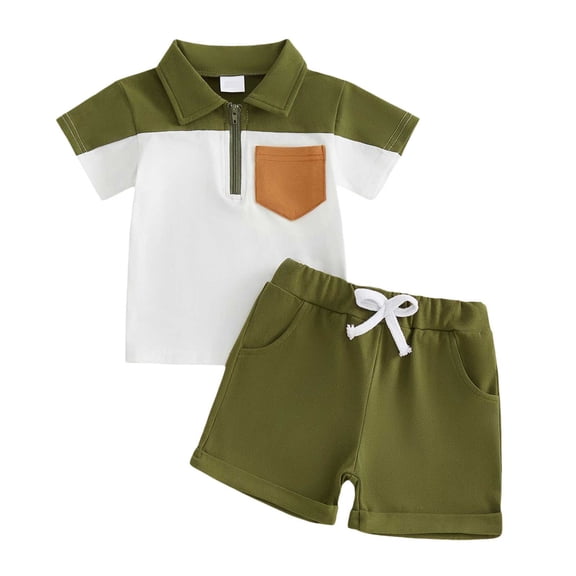 Quealent Toddler Baby Boy Summer Clothes Set 3 6 12 18 24 Months 2T 3T Contrast Color Short Sleeve Lapel Button T Shirt Elastic Waist Solid Shorts 2 Piece Outfits (Army Green, 2-3 Years)