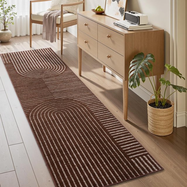 Boho Area Rug 2x8 Runner Rug Machine Washable Hallway Rugs for Bedroom Non Slip Soft Carpet Geometric Textured Runner for Dining Kitchen Office Living Room Rug-Brown