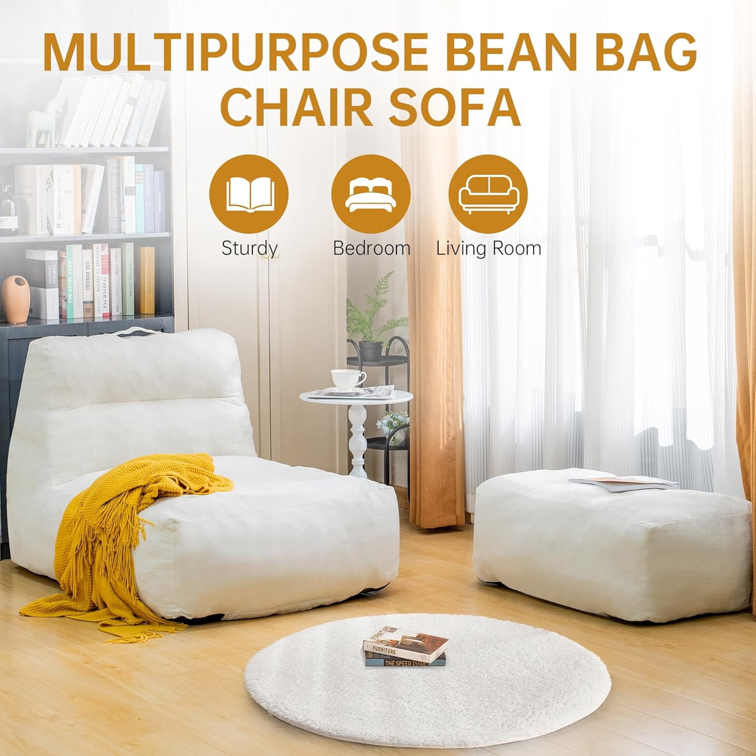 LinkRomat Giant Bean Bag Chair with Ottoman for Adults, Oversized Corduroy Memory Foam Beanbag Chair with Filler Included, Comfy Lounge & Gaming Chair for Living Room and Bedroom