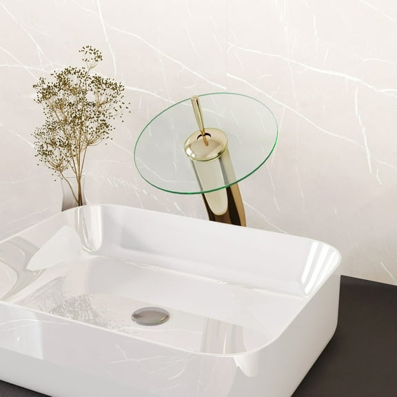 Brass Waterfall Faucet 12" w/Clear Glass Disc and Supply Lines Tap for Bathroom Wash Basin Sink| Renovators Supply