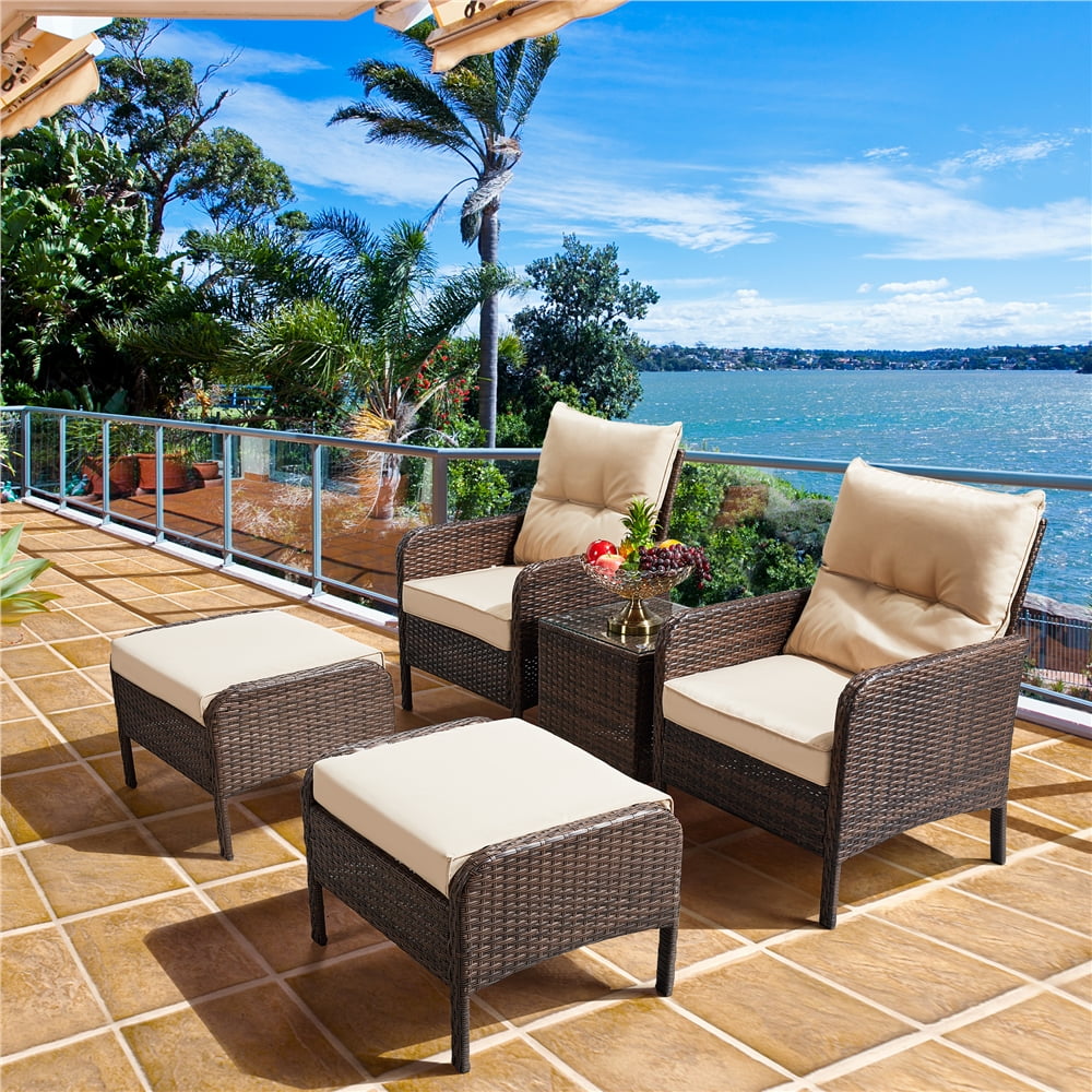 SmileMart 5-Piece Outdoor Rattan Patio Set with 2 Chairs, 2 Ottomans and End Table, Brown with 