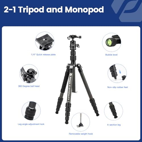Fotopro Carbon Fiber Travel Tripod 59" Lightweight Camera Tripod Detachable Monopod  with Ball Head Quick Release Plate Load up to 17.63lbs