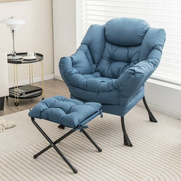Topbuy Lazy Chair with Ottoman Modern Leisure Reading Chair with Pillow Armrests Side Pocket Footrest Blue Walmart
