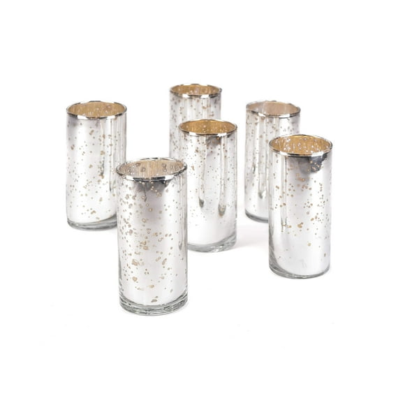 Serene Spaces Living Set of 6 Antique Silver Cylinder Vases, Vintage-Style Handmade Mercury Glass Finish for Weddings, Parties, Events, Measures 4" Tall and 2" Diameter
