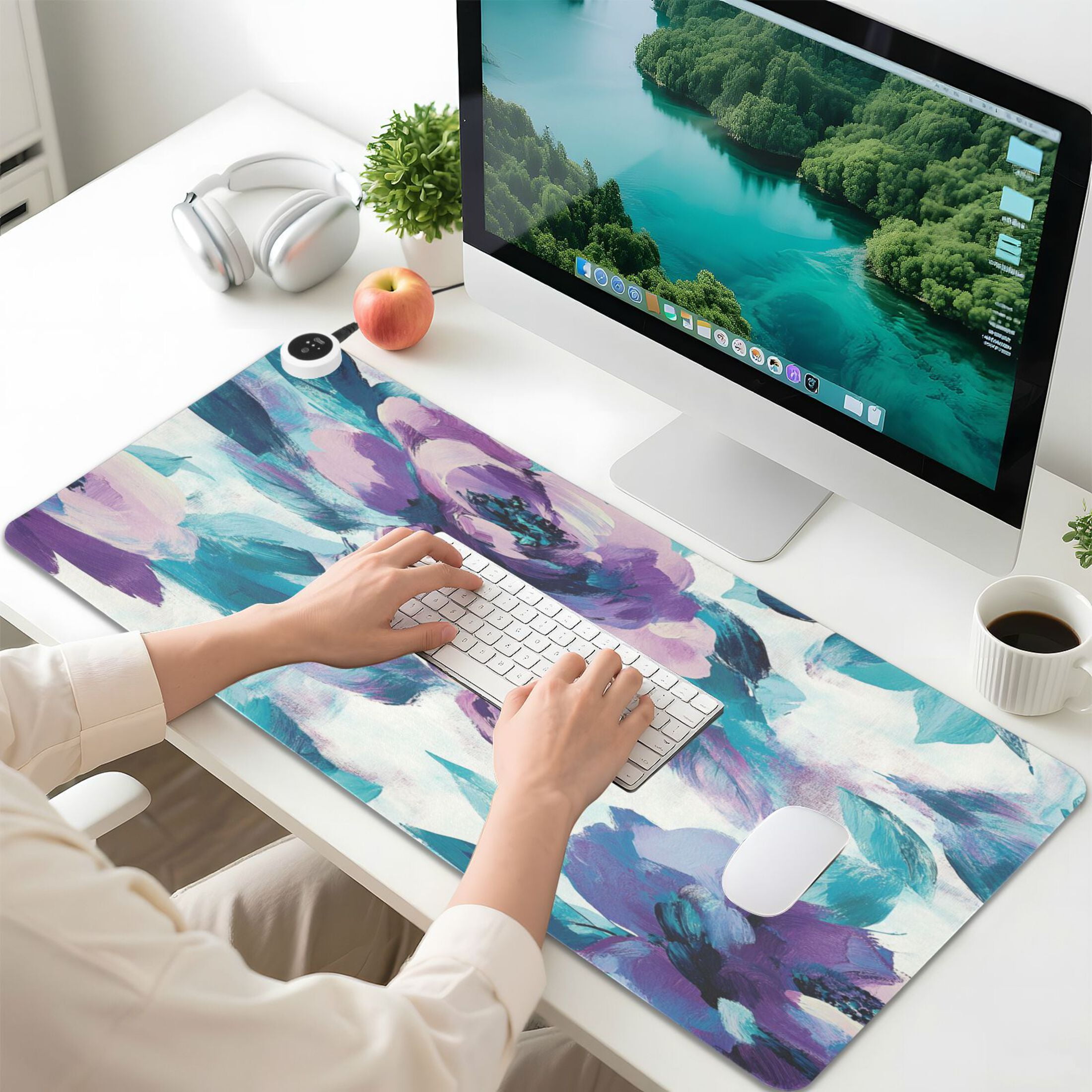 Wobogo Purple Green Flora Heated Mouse Pad Extra-Large Desk Mat With 3 Heating Levels and 3-hour Auto Shut-Off Protection Ideal for Computer Keyboards Home Office Hand-warming Essential 31.5in × 13in
