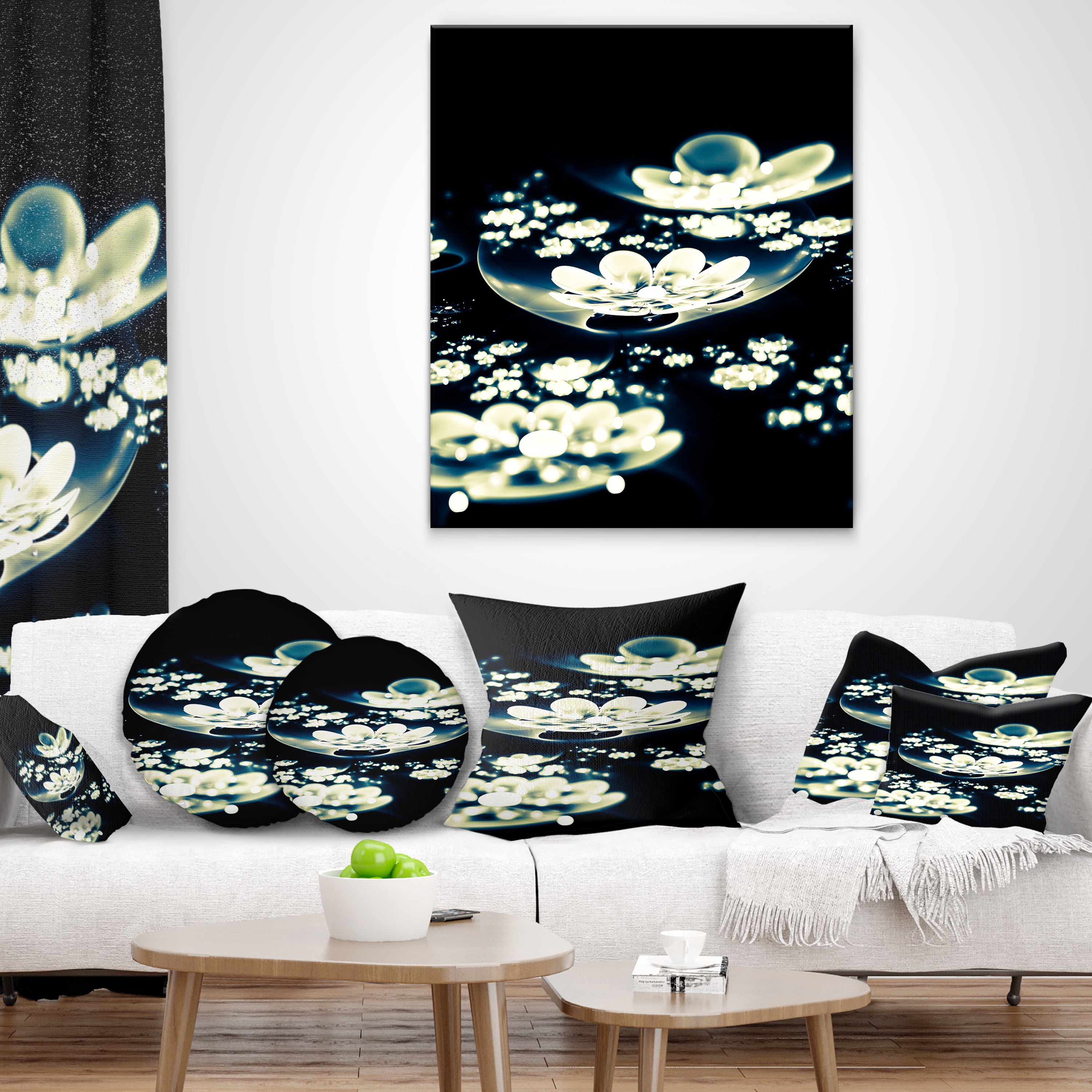 Designart Blue White Fractal Flowers in Dark - Floral Throw Pillow - 18x18
