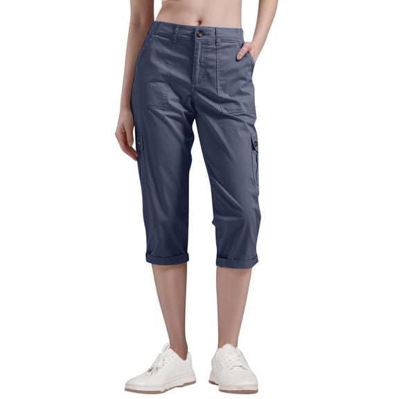 CCRFTGI Cargo Capris for Women Casual Summer High Waisted Straight Leg Capris Outdoor Travel Pull On Capri with Pockets Dark Blue XXL