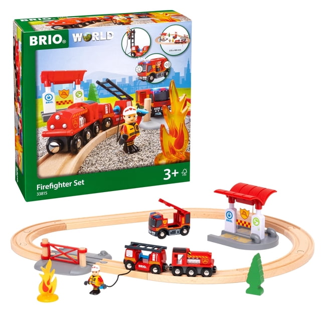 BRIO World Rescue Firefighter Set - 18-Piece FSC-Certified Wood Train Set & Accessories - Fire Train Engine with Lights and Sound, Wooden Tracks & More - Works with A