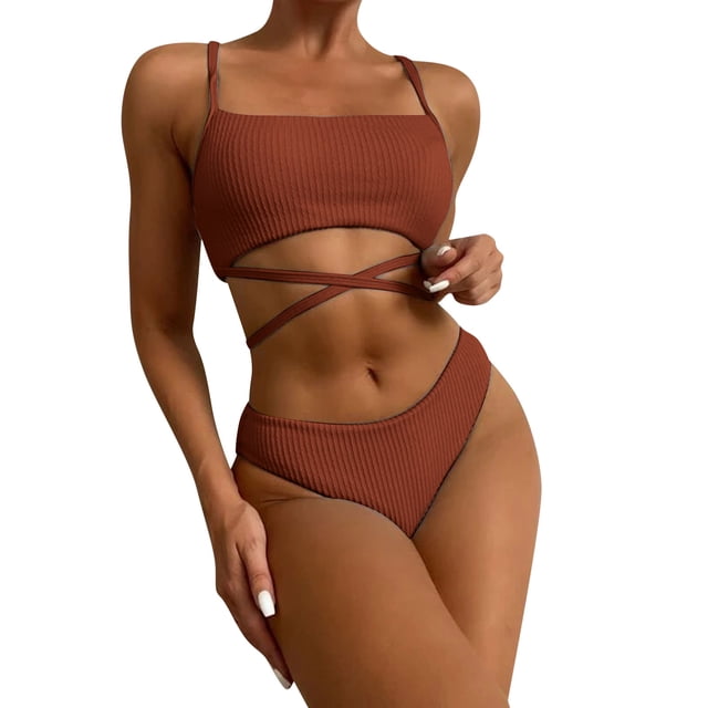 Gibobby Trajes de Baño para Mujer Stock Drop Bandage Push Up Bra Conjunto de bikini sexy para mujer Conjunto de traje de baño sólido Conjunto de bikini t(Café,CH)