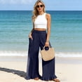 thumbnail image 2 of Lumtrix Linen Pants Women Wide Leg Ruffle Hem Palazzo Pants Elastic High Waisted Flowy Beach Vacation Trousers with Pockets Navy M, 2 of 5
