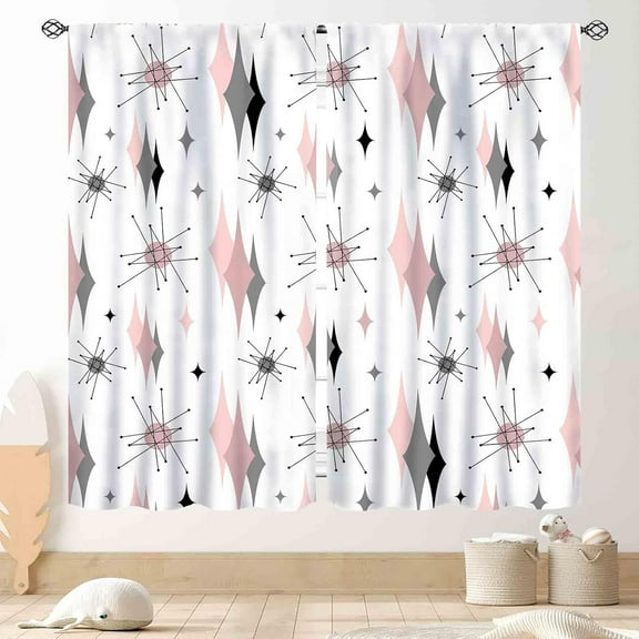 Mid Century Modern Curtains, Pink Gray Geometric Atomic Abstract Pattern 1950s 1960s Retro Style Window Drapery Treatments for Bedroom Living Room Kitchen Bathroom 2 Panel, 84"x63" Inch