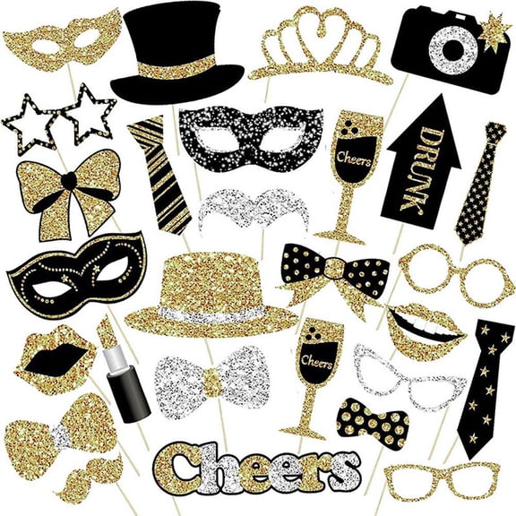 30 Pcs Photo Booth Props, Glitter Party Photo Booth Props, Birthday Party Photo Prop Mix of Hats, Lipstick, Tie, Crowns for Weddings Graduation Prom New Year Party Supplies