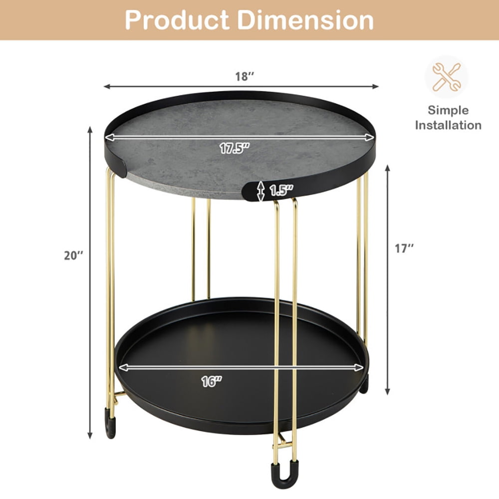 Finihen End Table, 2-Tier Round Side Table with Removable Tray and Metal Frame for Small Space, Sofa Side Table, Bed Side Table, for Living Room, Bedroom, Black
