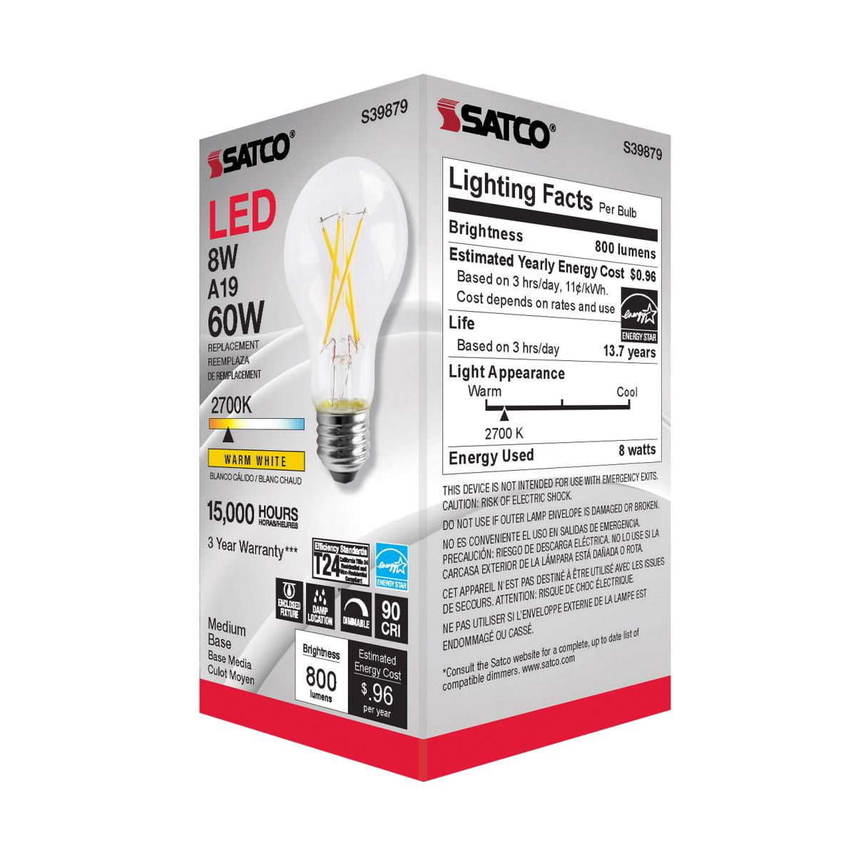 SATCO S39879 8W 120V A19 LED Bulb E26 Medium Base 2700K (6 Pack)