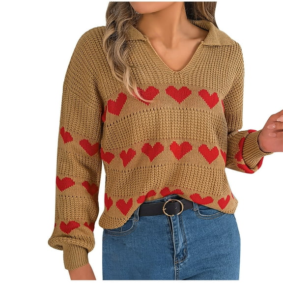 jtjvou Women's Cute Heart Sweater Valentines Day Knitted Top Casual Crewneck Lantern Sleeve Pullover,Khaki,L