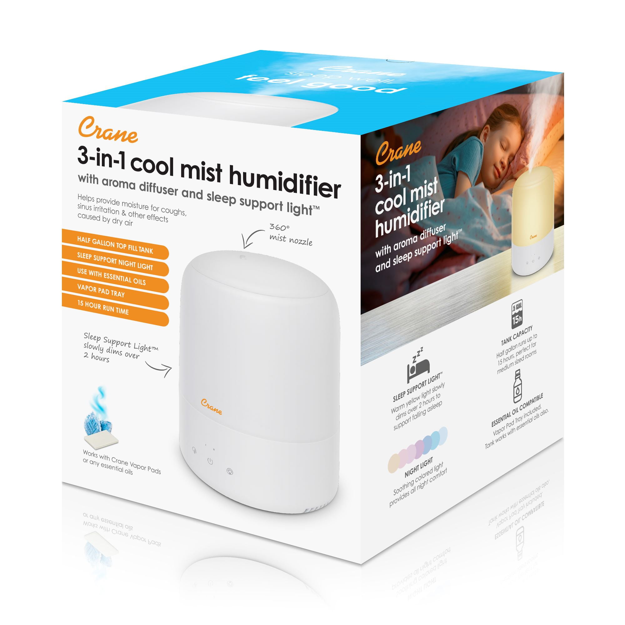 Compact 3-in-1 Cool Mist Humidifier, 0.5 Gallon Portable Room Humidifier with Sleep Support Night Light, Essential Oil Aroma Tray, Small Bedroom & Nursery Moisture Control