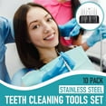 thumbnail image 2 of Herramientas dentales, paquete de 10 herramientas de limpieza de dientes removedores de placa de acero inoxidable, kit de higiene para el cuidado bucal con limpiador de placa, púas de sarro, 2 of 5