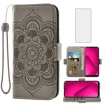 Compatible with T-Mobile Revvl 7 5G Wallet Phone Case and Tempered Glass Screen Protector Flip Credit Card Holder Stand Mandala Flower Cell Cover for Tmobile Revvl7 T Mobile Revel Tmo Women Gray