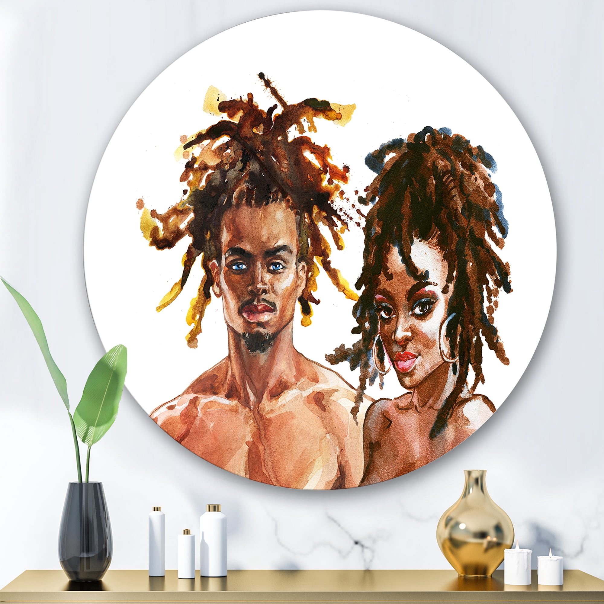 Designart 'Portrait of African American Couple' Modern Circle Metal Wall Art 29x29 - Disc of 29