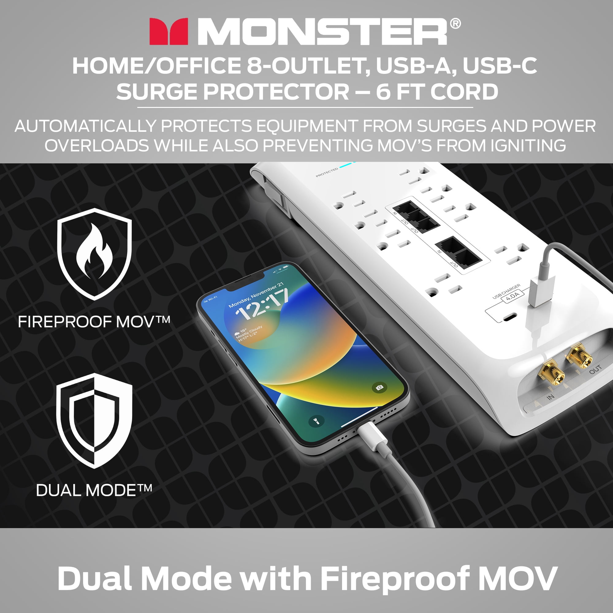 Monster White Heavy Duty 8 Outlet Surge Protector with USB-A & USB-C, 1 Count