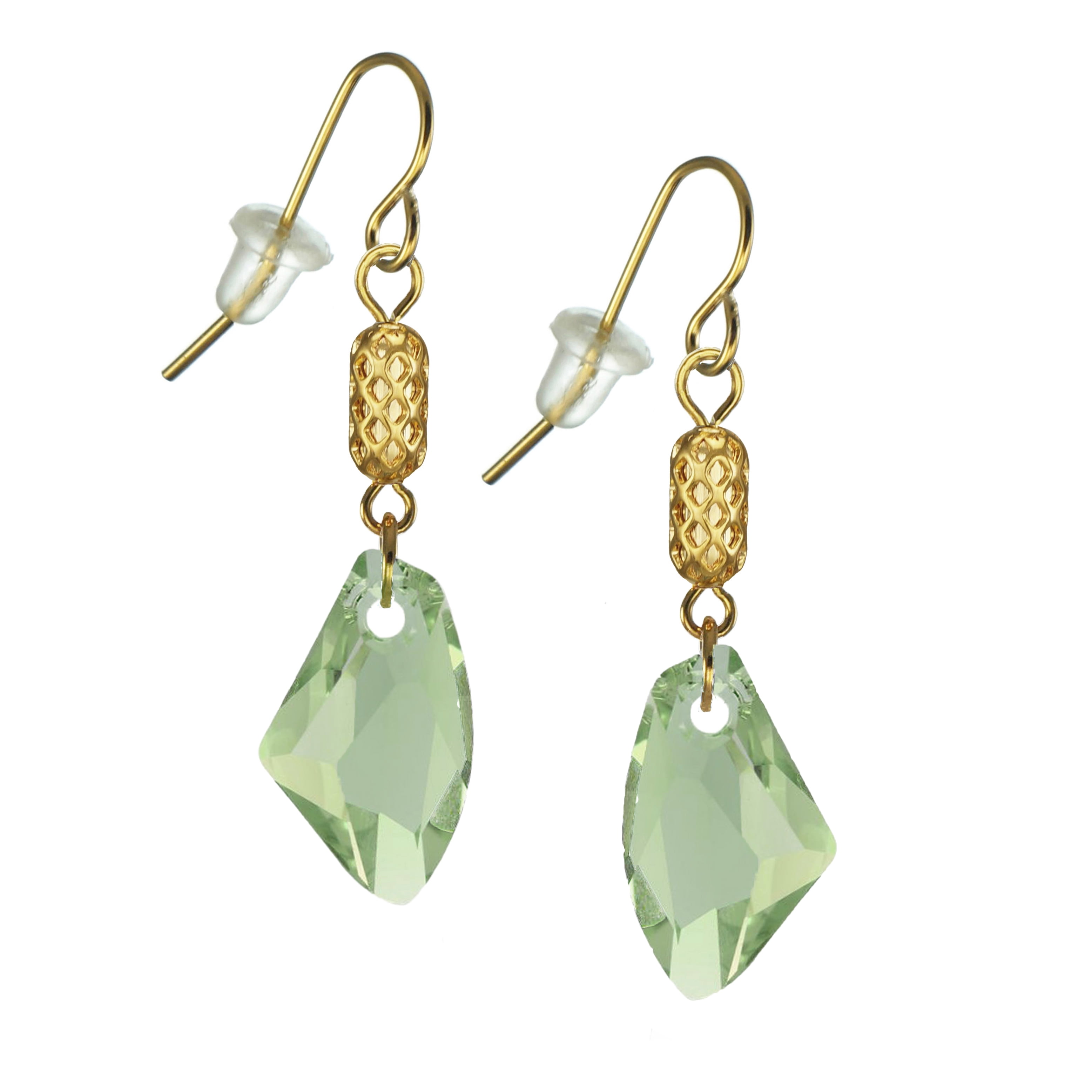One Pair 19mm Austrian Galactic with Gold Woven Tube Dangle Earrings – Hypoallergenic Earwires - Peridot Green