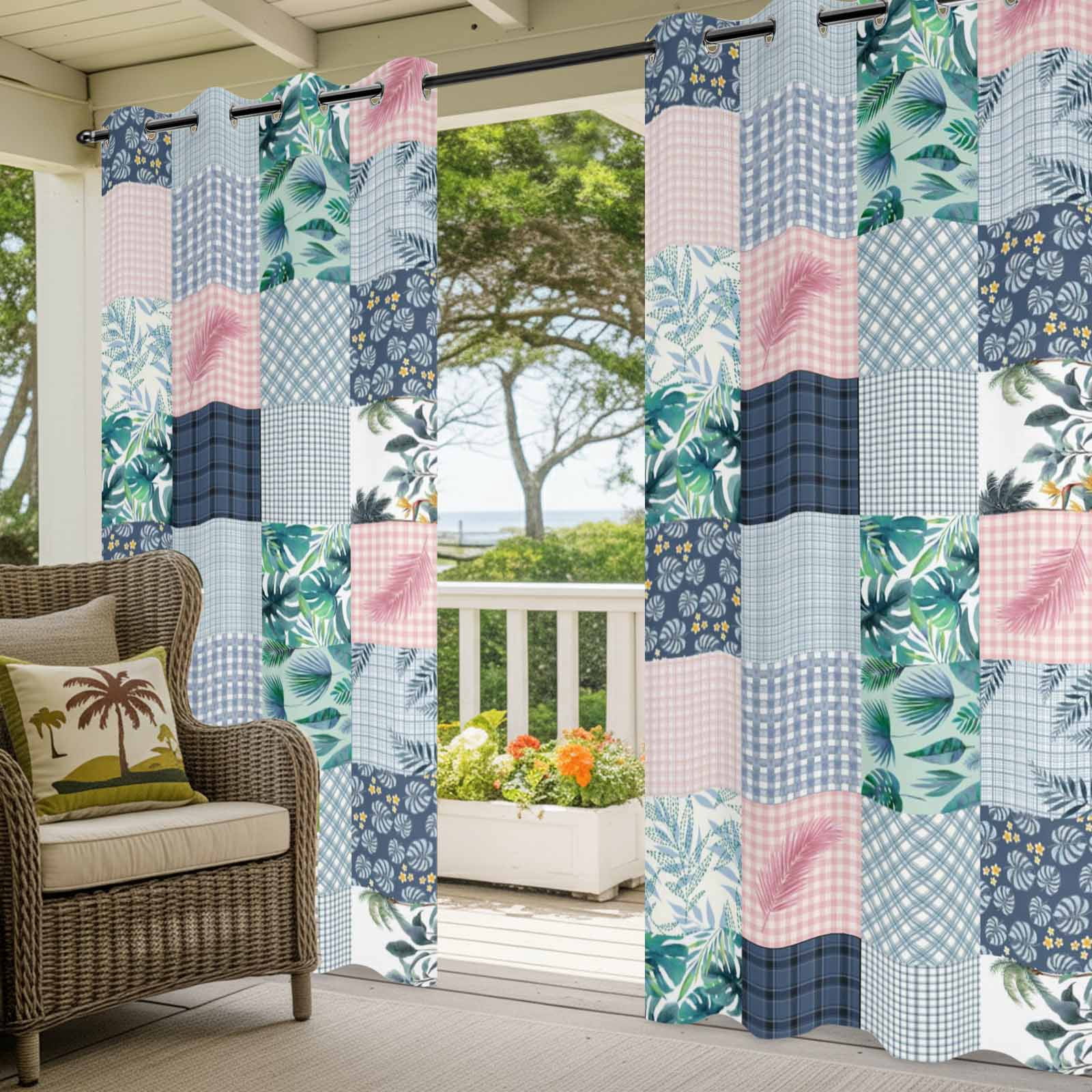 Botanical Patchwork Outdoor Curtains for Patio, Teal Tropical Leaf Grey Plaid Sunshade Privacy Drapes Grommet Waterproof Outside Curtains for Porch/Cabana/Balcony 54"x 95", 2 Panel