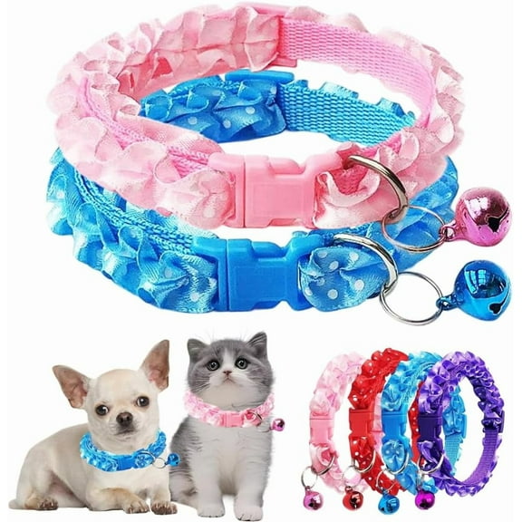 Puppy Collar with Bell,2-Pack Basic Xs Dog Collar,Wave Point Lace Cat Collar with Bell Adjustable Buckle for XXS Xs Extra Small Tiny Little Pet Female Kitten Dogs Neck 7.5-12.5 Inch