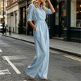 thumbnail image 7 of Wenini Women's Lapel Collar Button Cotton Linen Jumpsuit 3/4 Sleeve Wide Leg Solid Jumpsuit with Belted Waist, 7 of 7