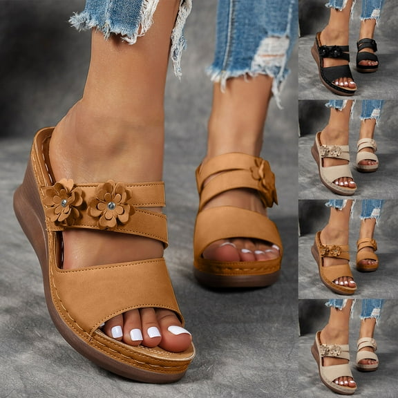 Slippers for Women with Arch Support Wedge Heel Thick-Soled Open Toe Slip-on Slides Women Footwear Beach Sandal Casual Wear Vacation Daily Shoes Beige 5.5