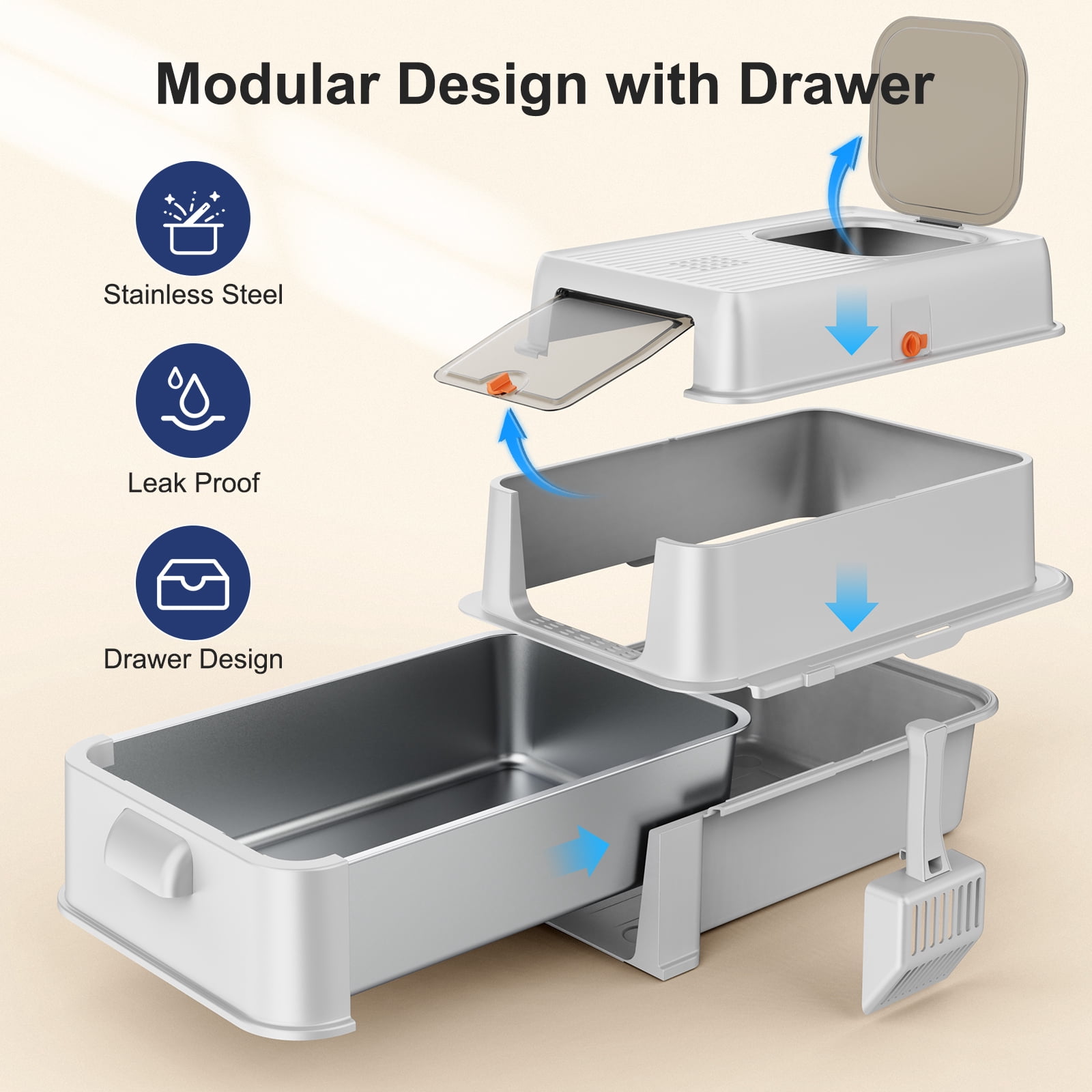 Stainless Steel Cat Litter Box with Lid, Foldable Enclosed Litter Box, Extra Large Metal Litter Box with Scoop and Mat, 24"*16.1"*16.1", Silver Gray