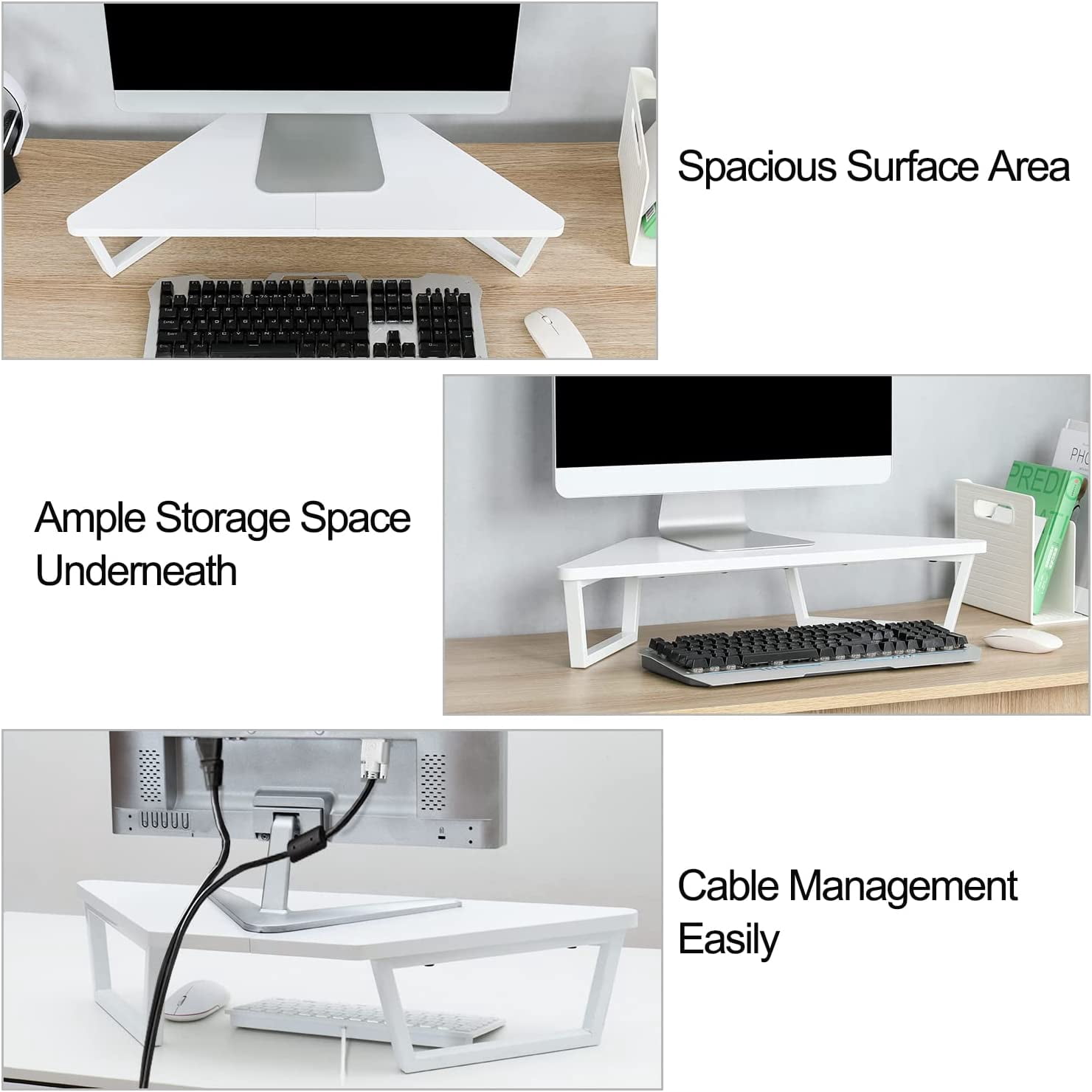 26 inch White Triangle Monitor Stand Riser, Desktop Corner Shelf with Metal Leg Wood Computer Stand with Storage Laptop Riser Office Organization