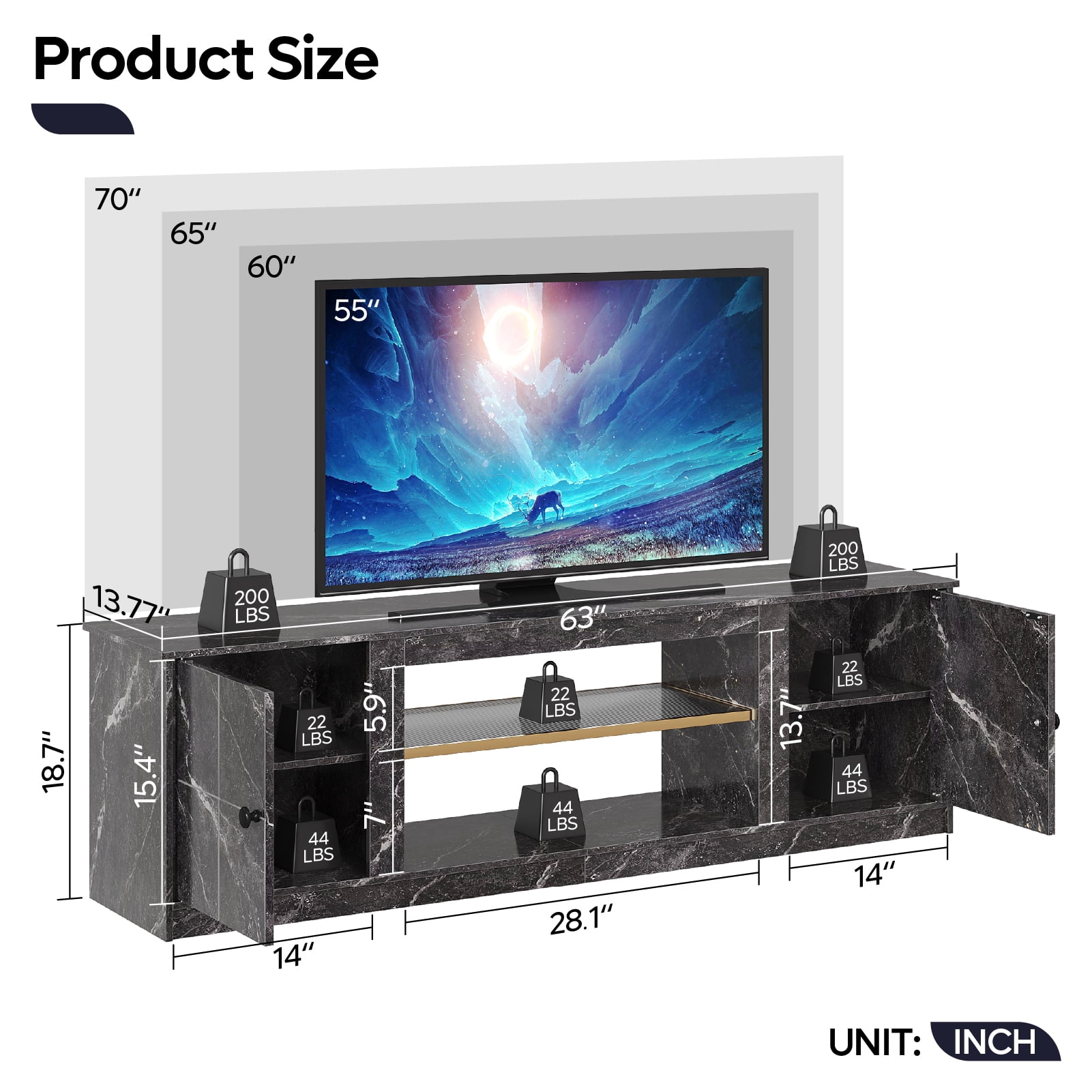 Pinmoco 63" LED TV Stand for TVs up to 70", Gaming Entertainment Center with Storage Cabinet and Adjustable Shelves, Black Marble