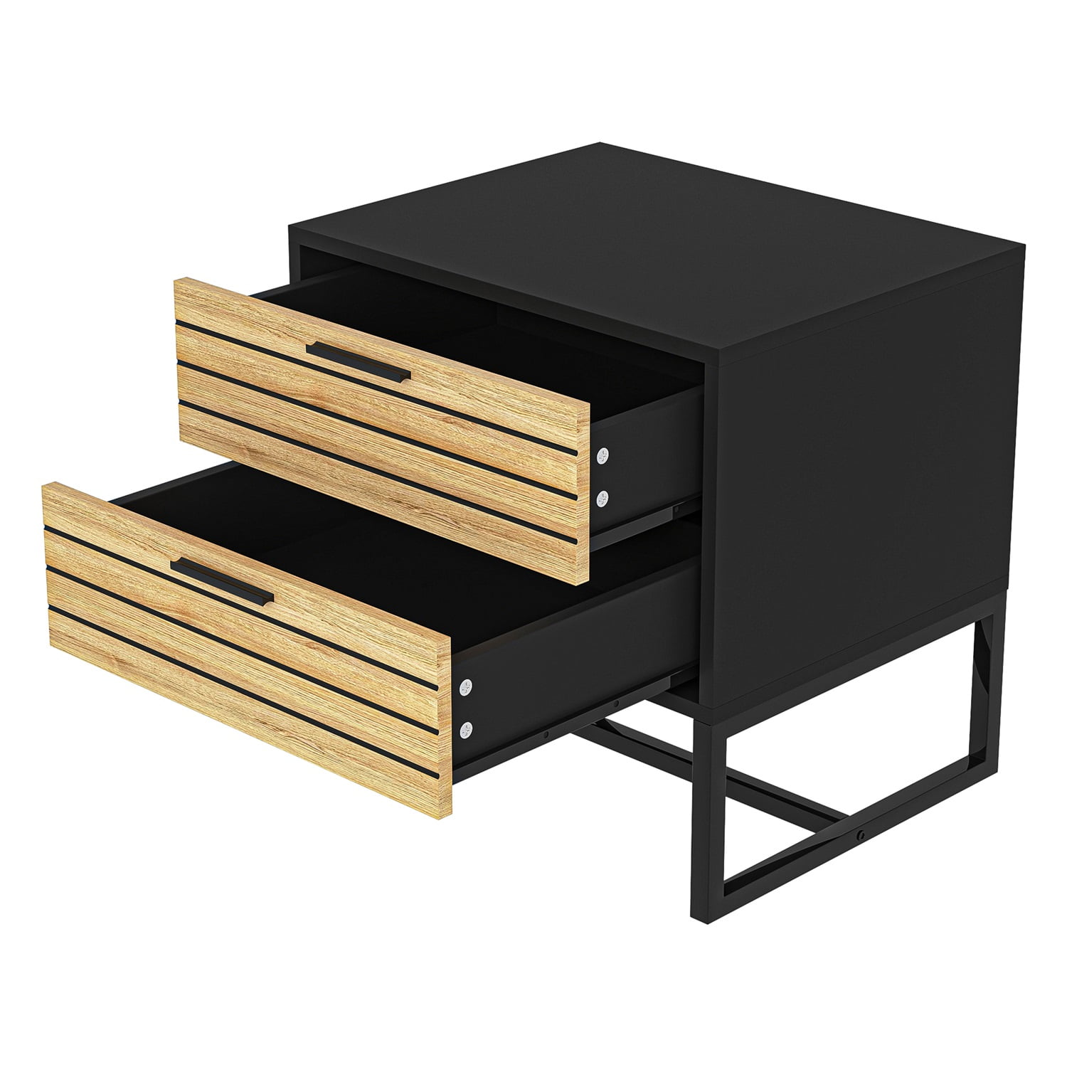 Hommoo 2 Tier Modern Nightstand, Wooden Bedside Table with Metal Leg, Night Stand Storage Cabinet, Black