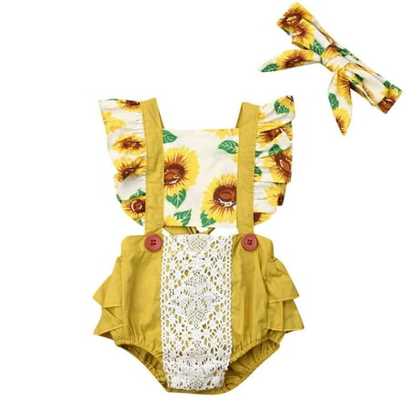 

2PCS Infant Baby Girils Sleeveless Ruffle Lace Floral Romper Jumpsuit With Headband Summer Outfits