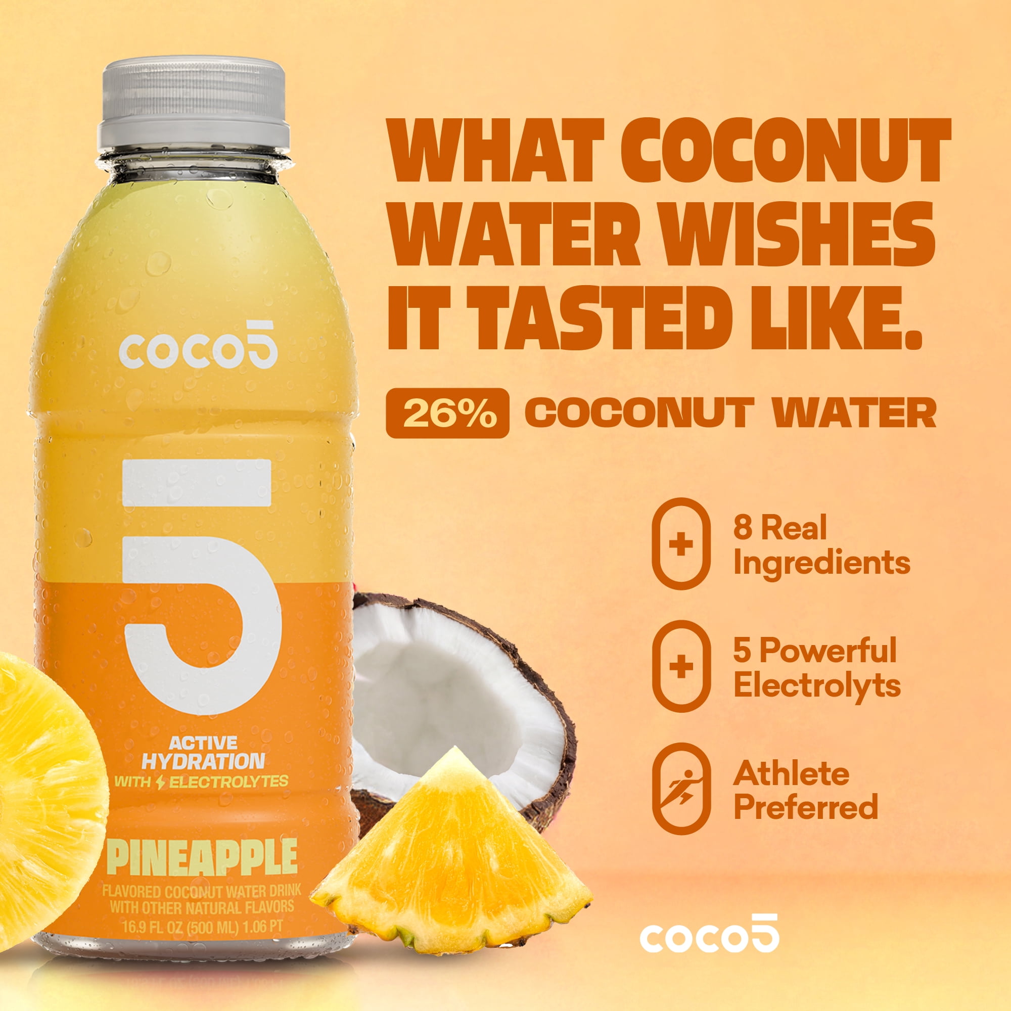 COCO5 Pineapple Coconut Water, Active Hydration Electrolyte Drink, 50% Less Sugar, Caffeine Free, Vegan, 16.9 oz, 12 Count
