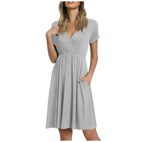 Bigersell Party Dresses Fashion Women Summer Casual V-Neck Solid Short Sleeve Fold Mini Dress Body Con Dress Female Women Shirt Dress Dresses, Style 19284, Gray XXL