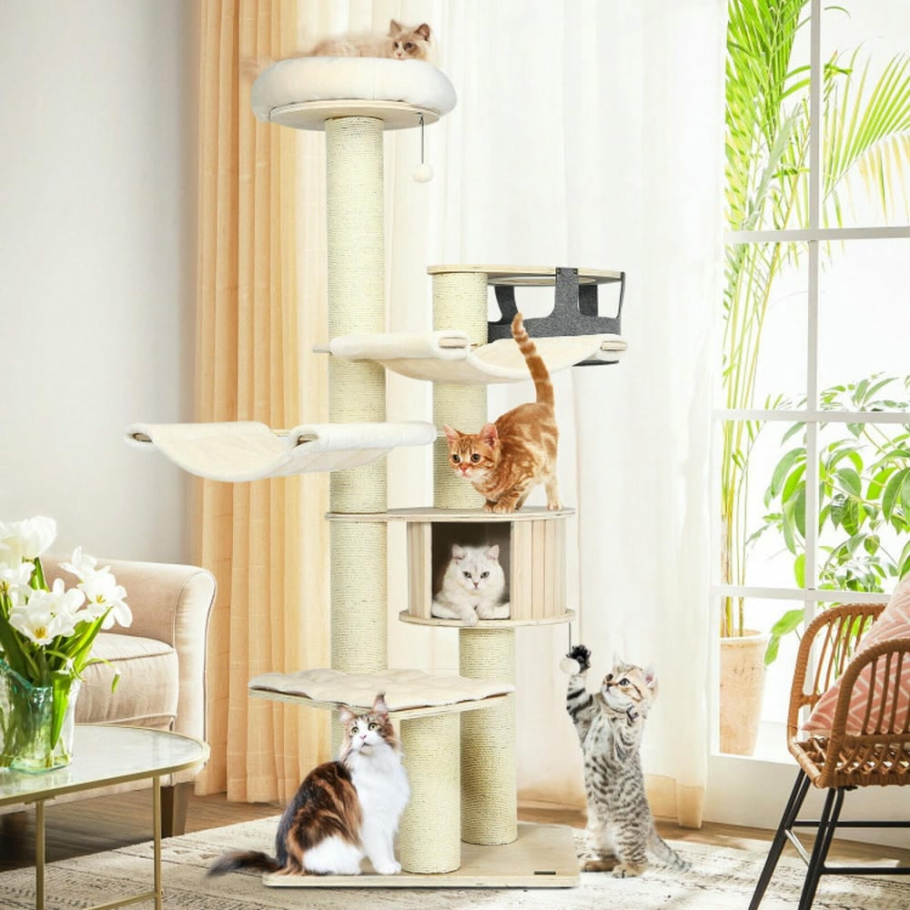 YYAo Large Cat Tree, Luxury Cat Tower Cat Condo, Cat Play House, 77.5-Inch Cat Tree Condo Multi-Level Kitten Activity Tower with Sisal Posts-Cream White
