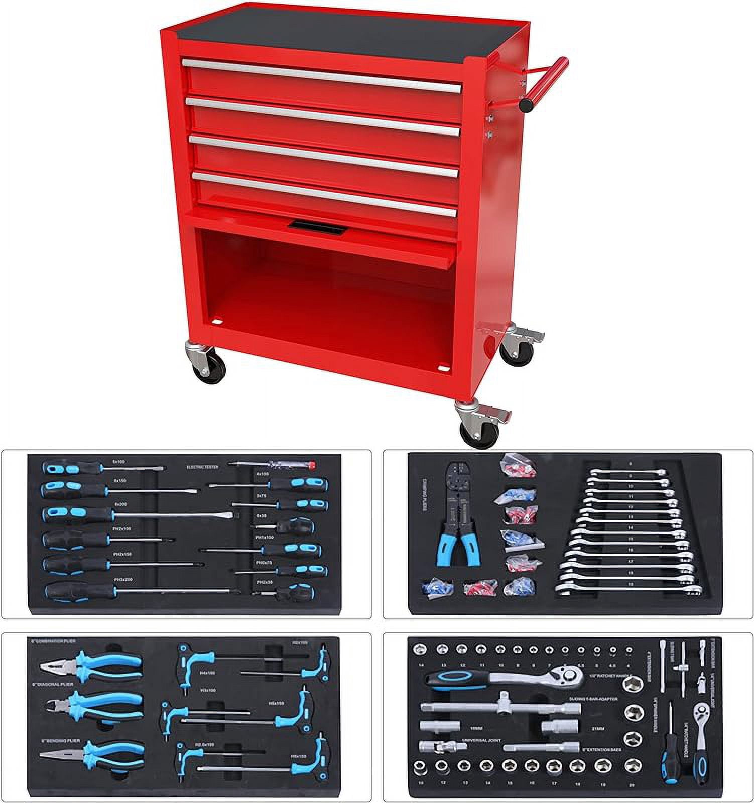 233-piece mechanics tool set, household tool kit with 4-drawer heavy duty metal tool cabinet, portable tool box for home/auto repair-gift for men (red)