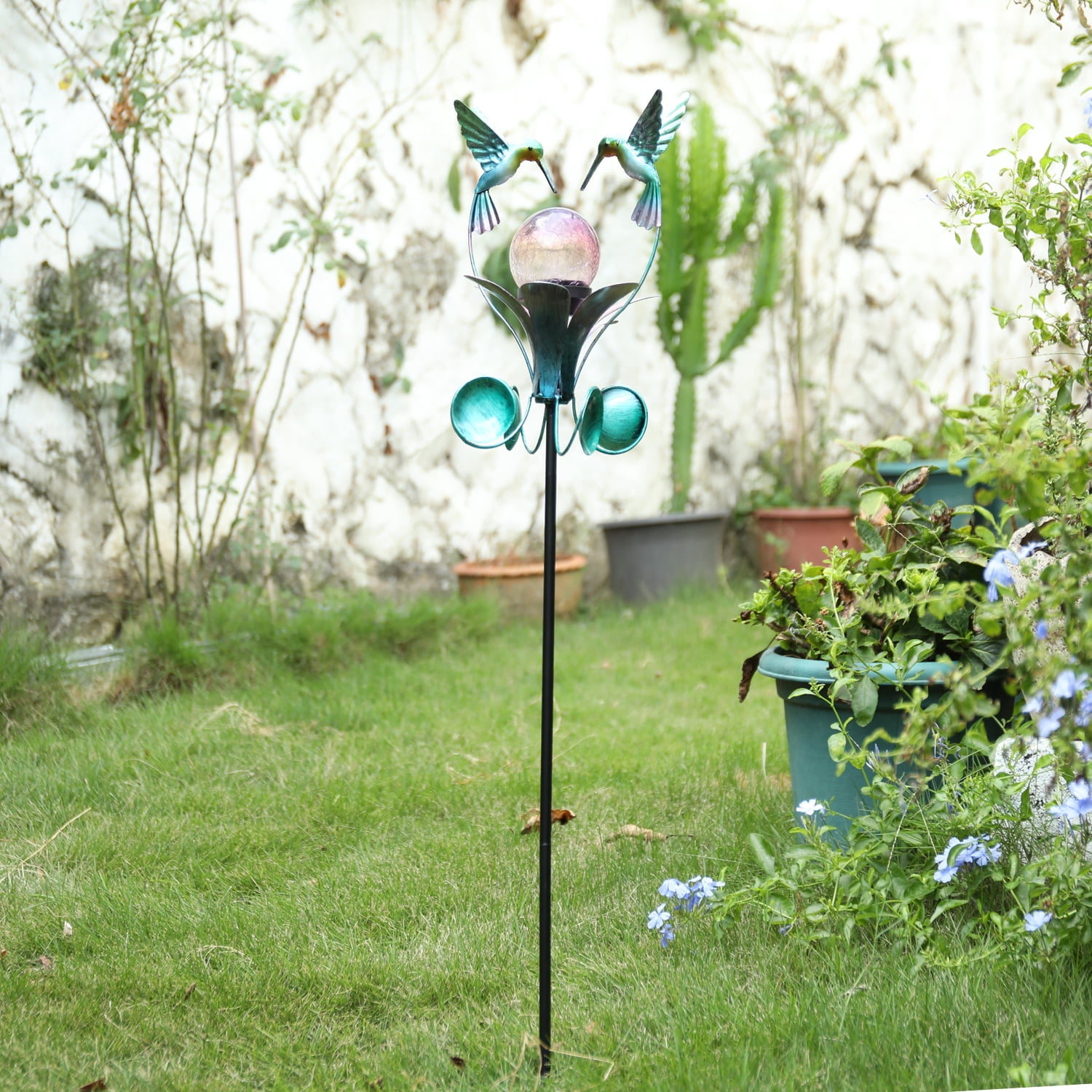Wonder Garden Solar Wind Spinner hummingbird Garden Stake Decoration with LED Light, Crackle Glass Ball Weather Resistant Multicolor, Blue