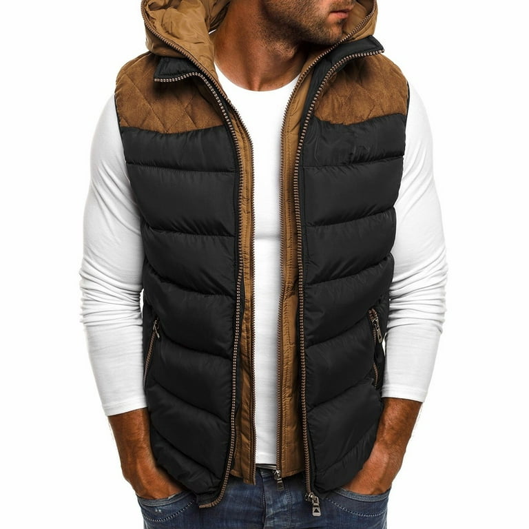 Men s Hooded Vest Winter Warm Outdoor Padded Cotton Puffer Vest Coat Thick Fleece Lined Sleeveless Jacket