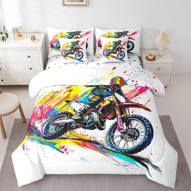Erosebridal Ensembles de Literie Moto Hippie Taille Simple, Ensemble de Lit Moto Morocross, Réversible 7 Pcs