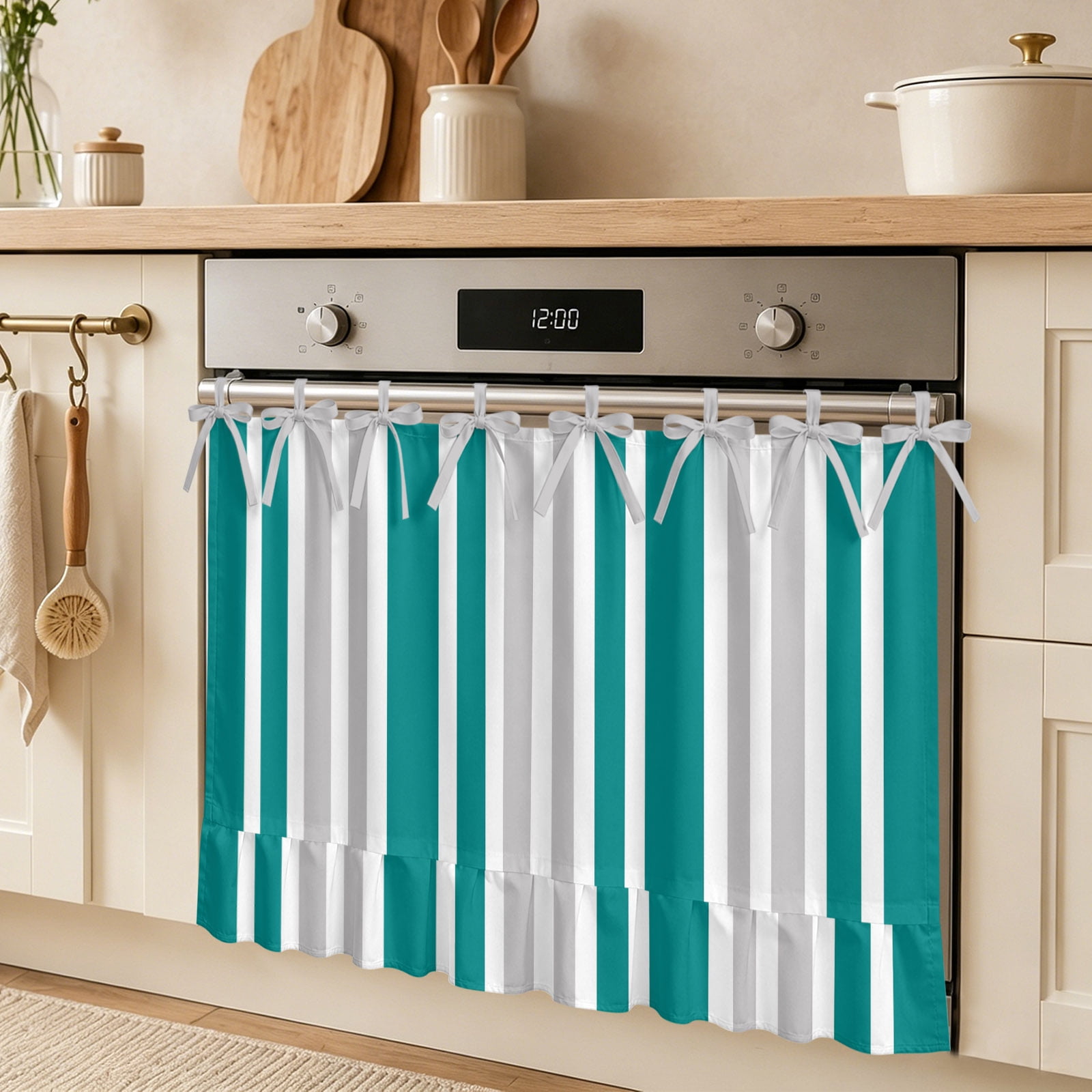 Gray Teal Oven Skirt Curtain Green Stripe Minimalist Vertical Stripes Modern Art Tie Top Tier Curtains Stove Dishwasher Skirt Small Window Drapes for Kitchen Bathroom Cafe 30 x21.5
