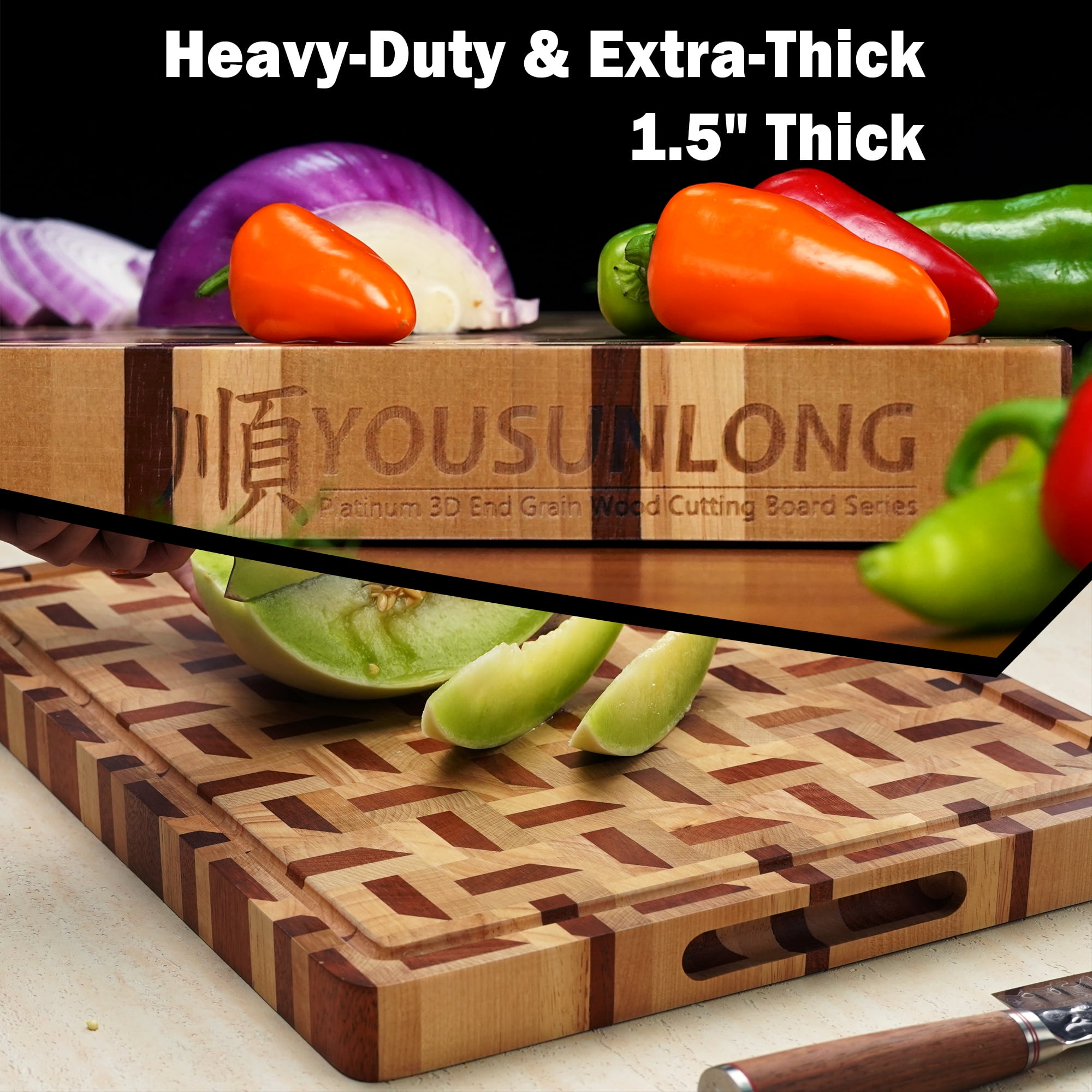 YOUSUNLONG 3D End Grain Cutting Board,  20" x 16" x 1.5'' Walnut and Maple Reversible Butcher Block