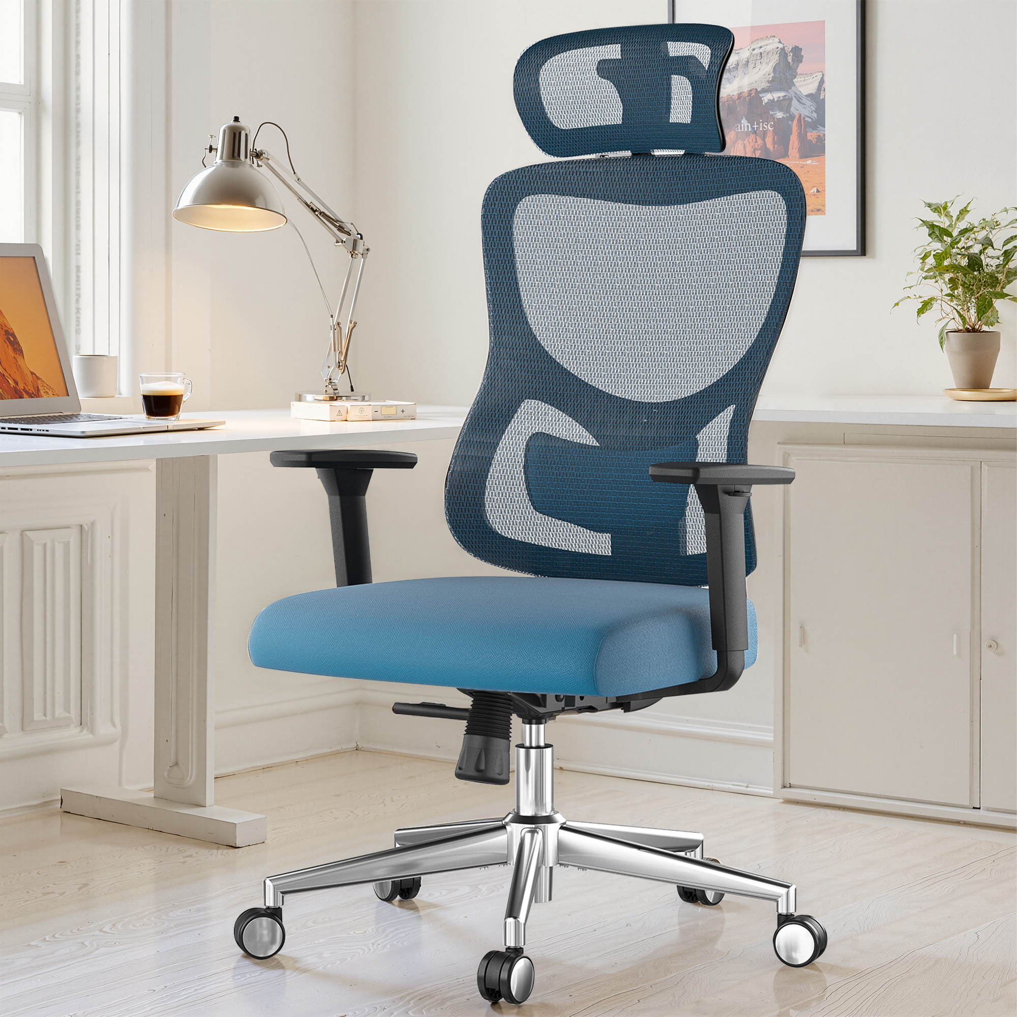 MAYEERTY Ergonomic Mesh Home Office Chair with Headrest, Adjustable Lumbar Support, 3D Armrests, Blue