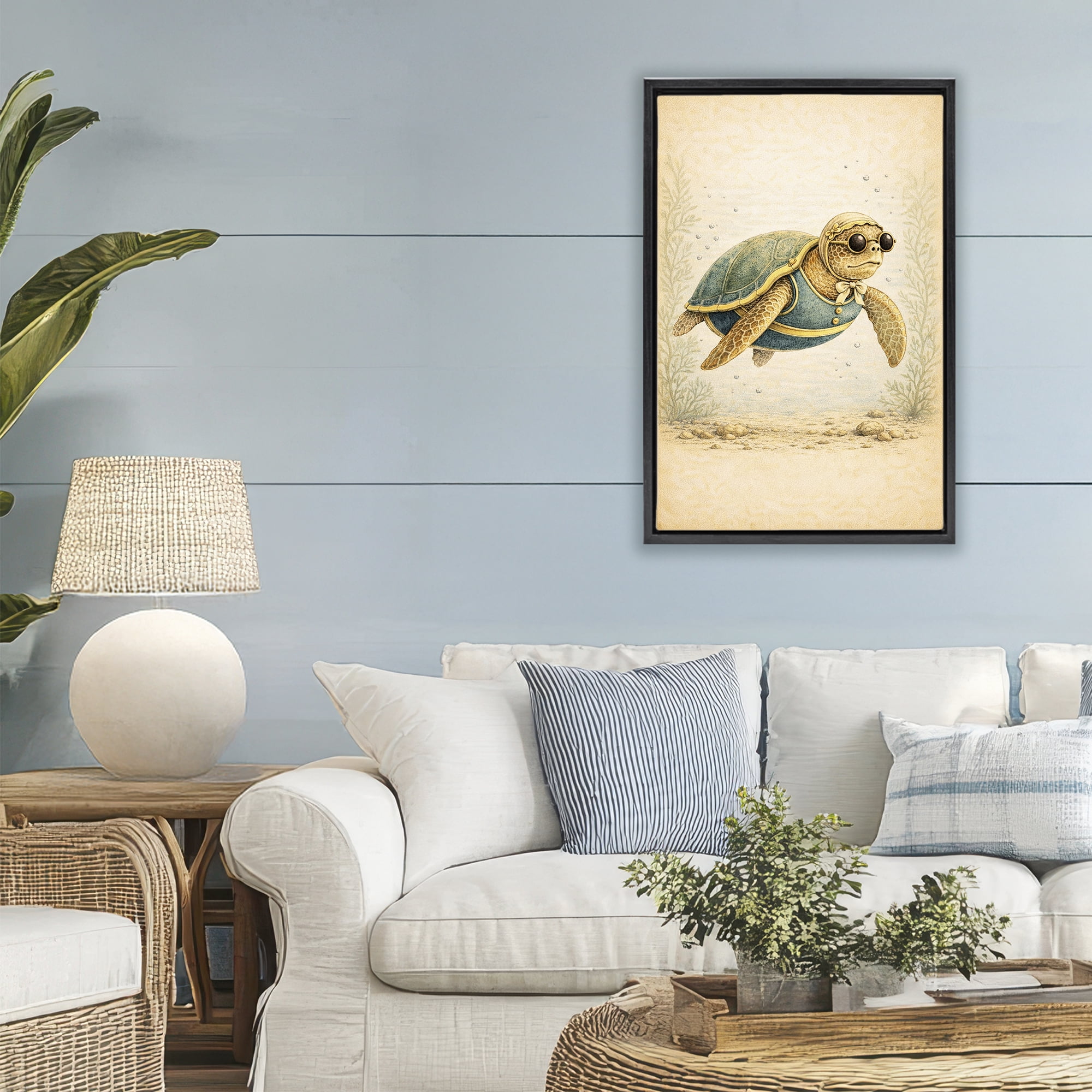 Stupell Industries Maritime Bathing Society Turtle Black Framed Floater Canvas Wall Art, design by Grotto Studios