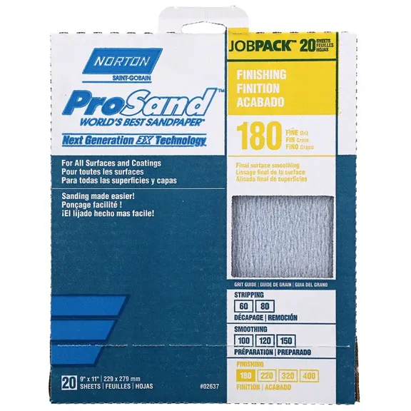 Norton 68168/02637 9" X 11" 180 Grit Sandpaper Sheets 20 Count